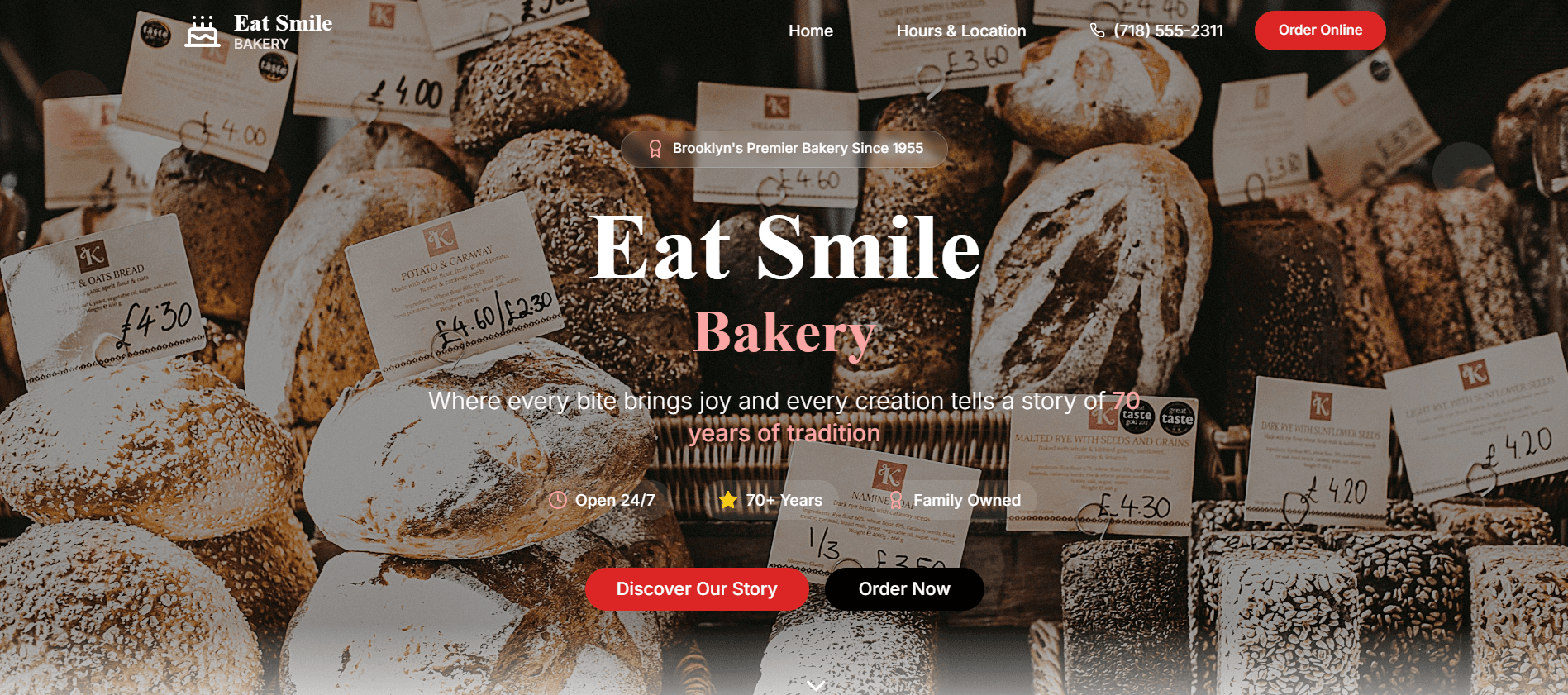 Eat Smile Bakery website hero showing pastries